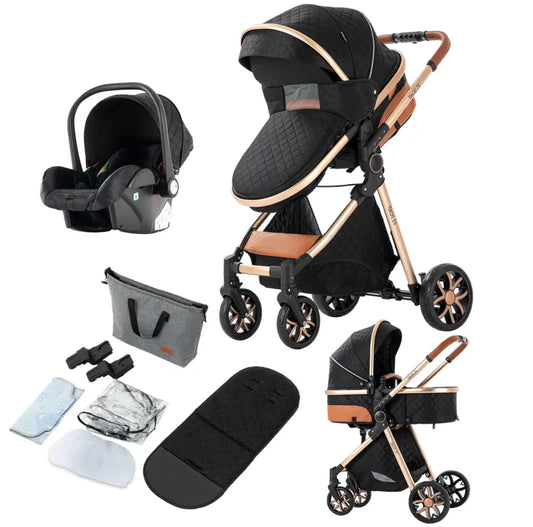 3 in 1 Kombi-Kinderwagen Buggy Reisebuggy inkl. Auto- Babyschale Faltbar schwarz Gold