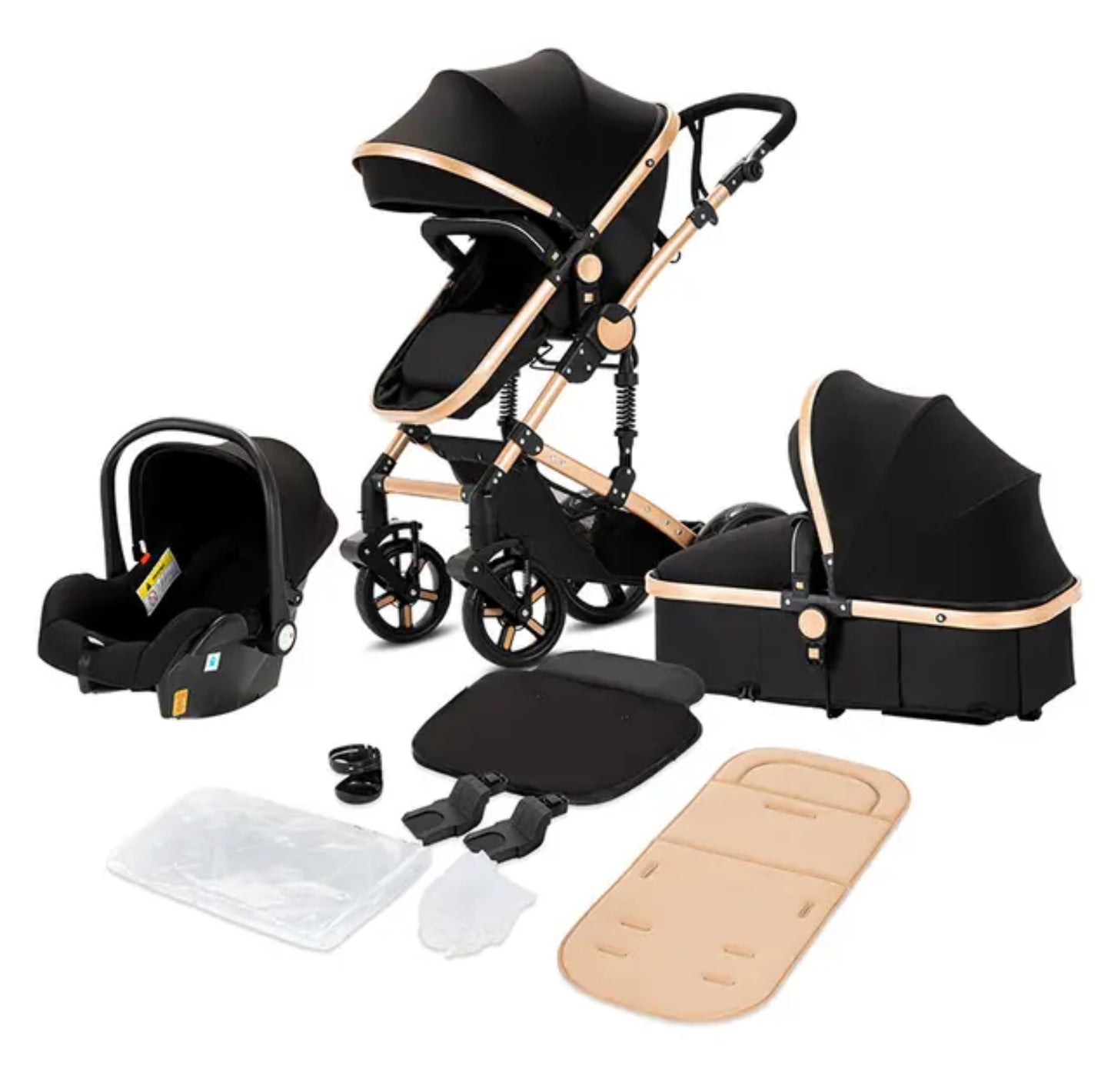 3in1 Kinderwagen Komplettset Reisebuggy & Autositz Kombikinderwagen Schwarz Gold